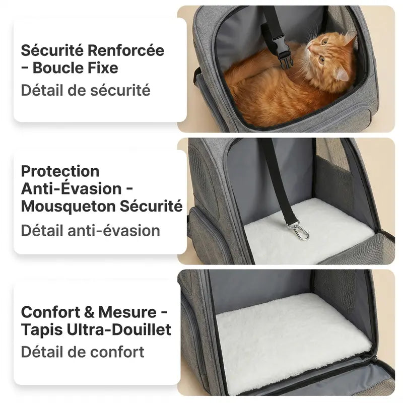 Sac à dos pour chat adulte à fermeture - Gris - fermeture et ventilation