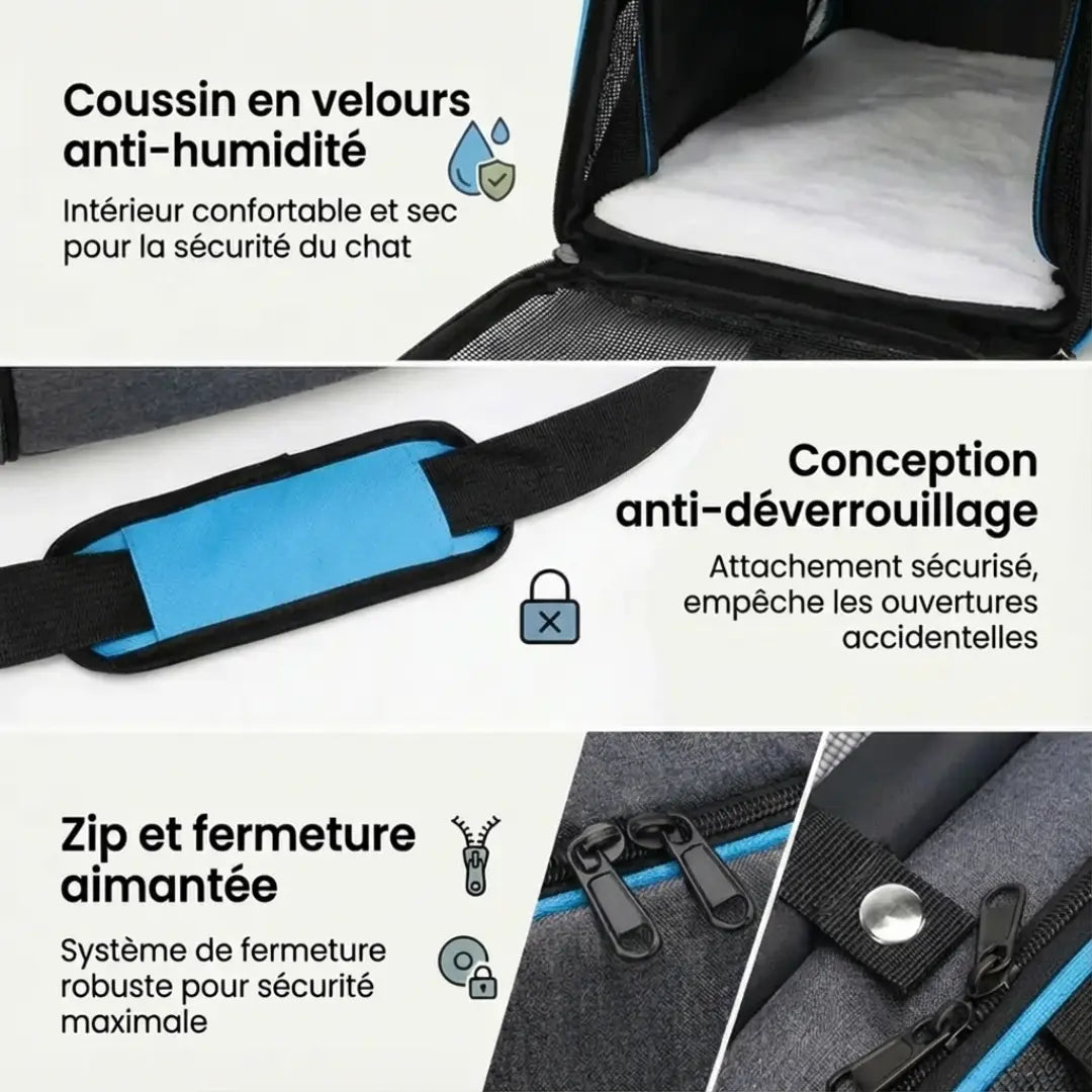 Sac de transport souple bleu pour chat - dimensions et portage