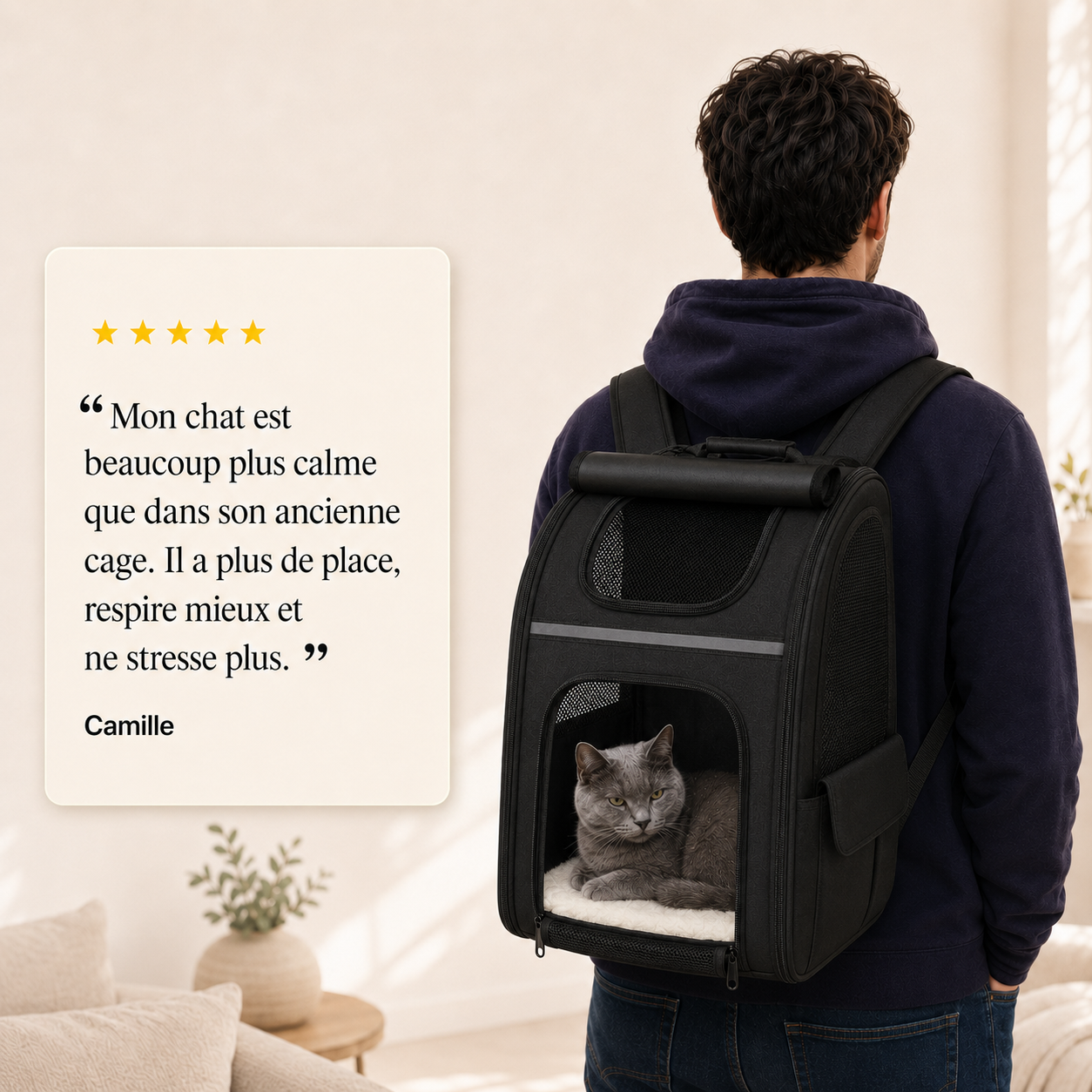 Avis client 5 etoiles - Sac � dos extensible spacieux pour chat