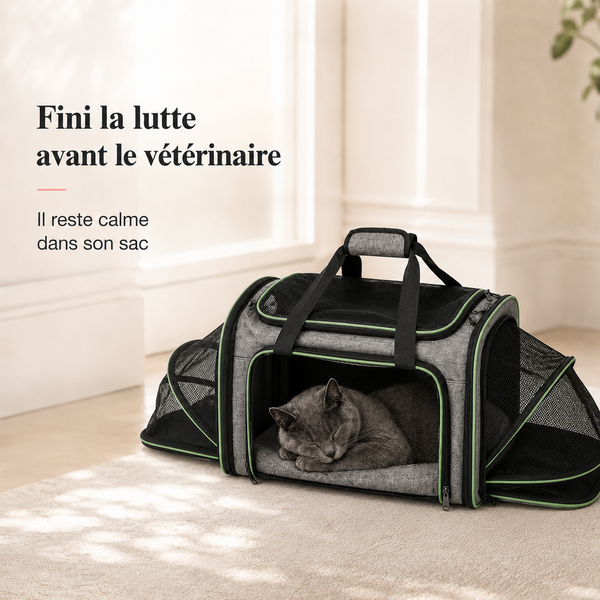 Fini la lutte avant le veterinaire - Sac de transport vert extensible pour chat 7kg