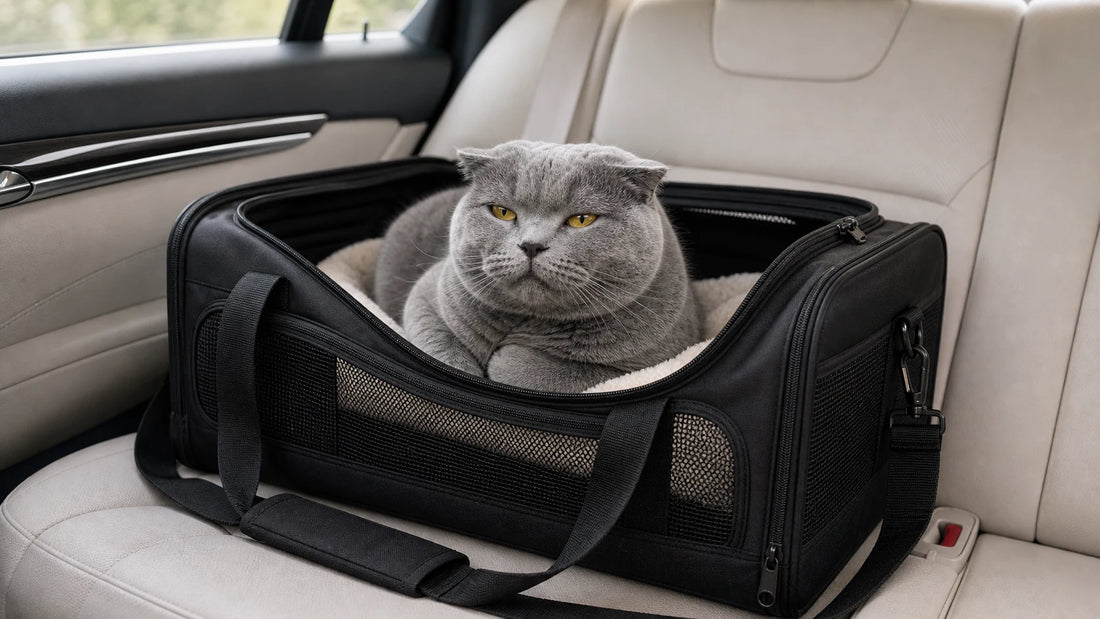 sac de transport pour chat avec chat gris rassure dans le sac - Sac de transport pour chat en voiture
