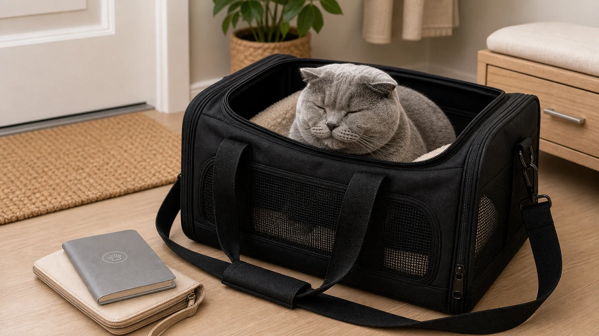 Chat gris installé dans un sac de transport ouvert avant une visite chez le vétérinaire