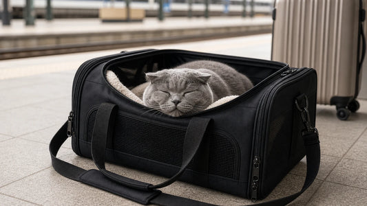sac de transport pour chat avec chat gris rassure dans le sac - Sac de transport chat en train