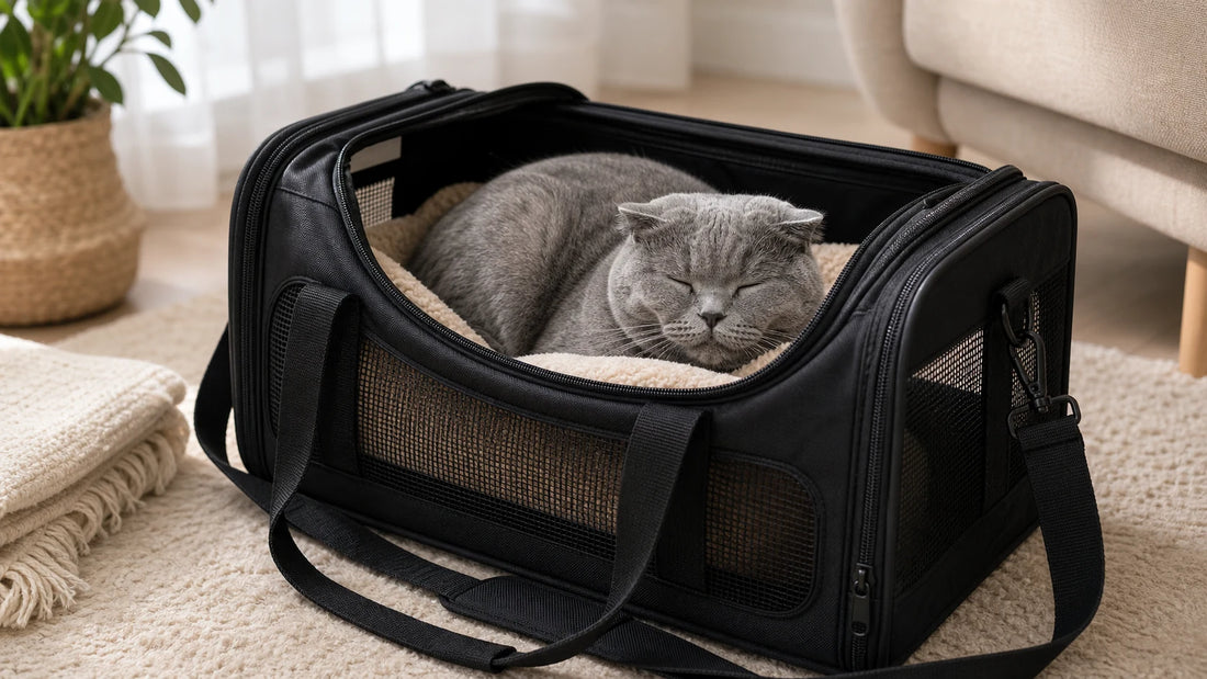 sac de transport pour chat avec chat gris rassure dans le sac - Sac pour chat stressé