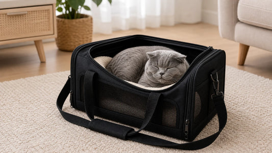 sac de transport pour chat avec chat gris rassure dans le sac - Sac de transport pour chaton