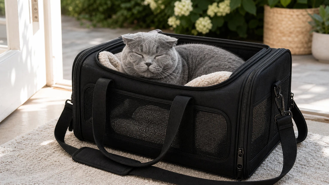 sac de transport pour chat avec chat gris rassure dans le sac - Sac de voyage pour chat en été