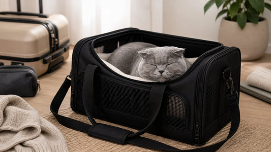 sac de transport pour chat avec chat gris rassure dans le sac - Sac pour transporter son chat longtemps sans l'épuiser