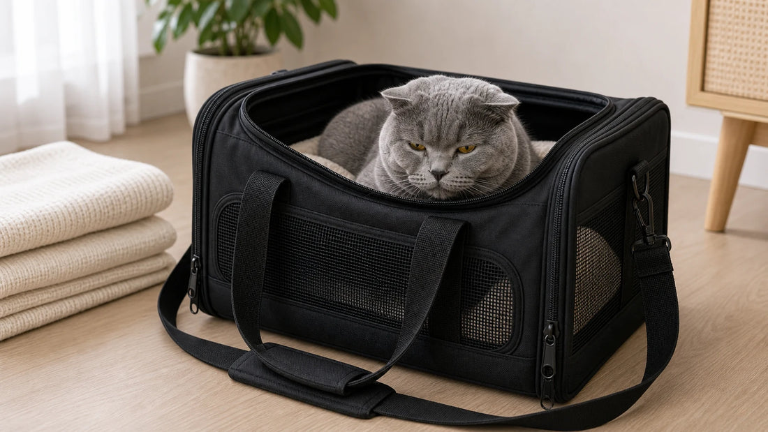 sac de transport pour chat avec chat gris rassure dans le sac - Sac de transport pour chat propre