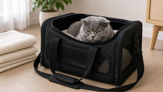 sac de transport pour chat avec chat gris rassure dans le sac - Sac de transport pour chat propre