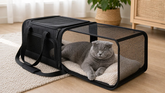 sac de transport pour chat avec chat gris rassure dans le sac - Sac chat extensible