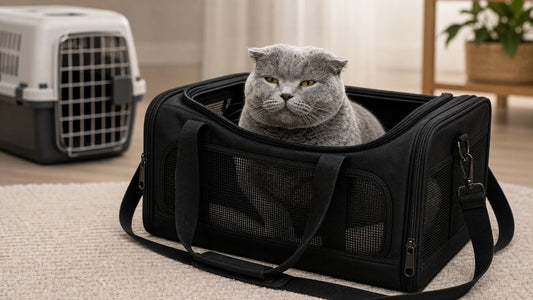 sac de transport pour chat avec chat gris rassure dans le sac - Sac souple pour chat ou caisse