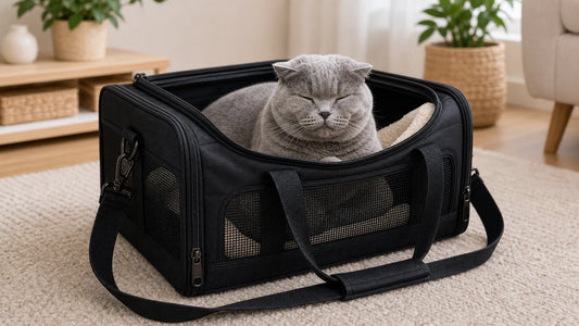 sac de transport pour chat avec chat gris rassure dans le sac - Transport pour chat qui miaule
