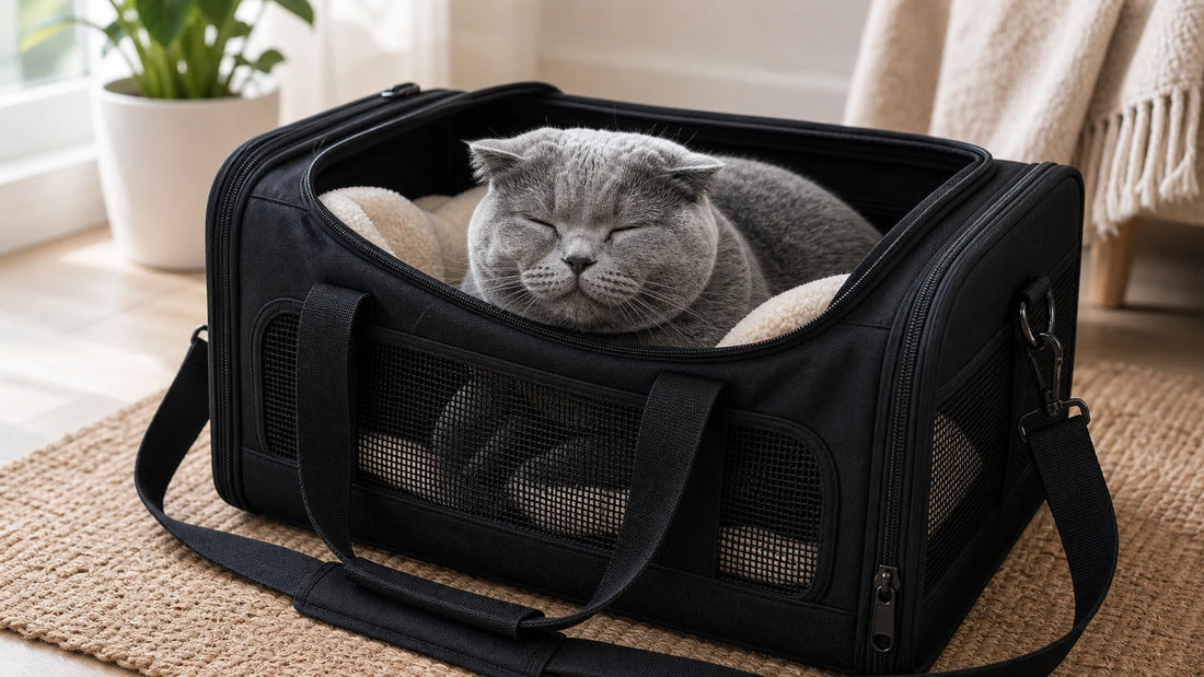 sac de transport pour chat avec chat gris rassure dans le sac - Sac pour chat senior