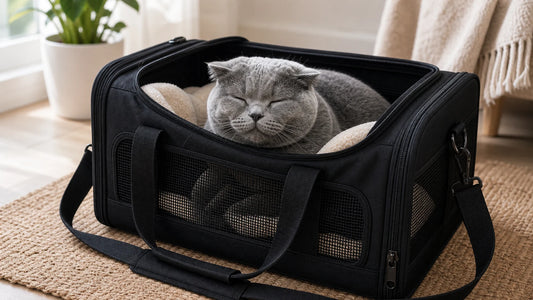 sac de transport pour chat avec chat gris rassure dans le sac - Sac pour chat senior