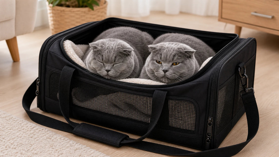 sac de transport pour chat avec chat gris rassure dans le sac - Sac de transport pour deux chats