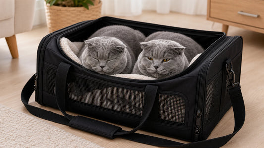 sac de transport pour chat avec chat gris rassure dans le sac - Sac de transport pour deux chats