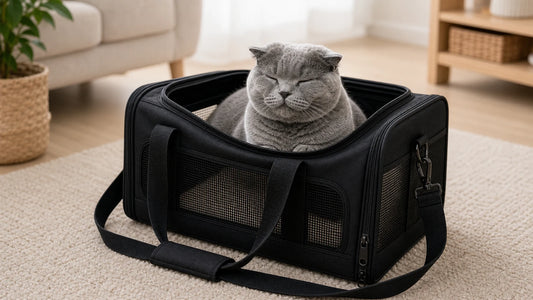 sac de transport pour chat avec chat gris rassure dans le sac - Sac pour chat en appartement