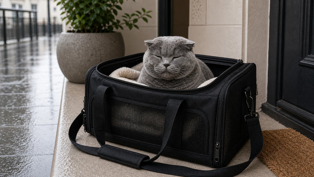 sac de transport pour chat avec chat gris rassure dans le sac - Sac de transport chat sous la pluie