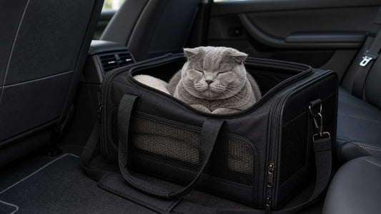 sac de transport pour chat avec chat gris rassure dans le sac - Sac pour transporter son chat en taxi ou VTC