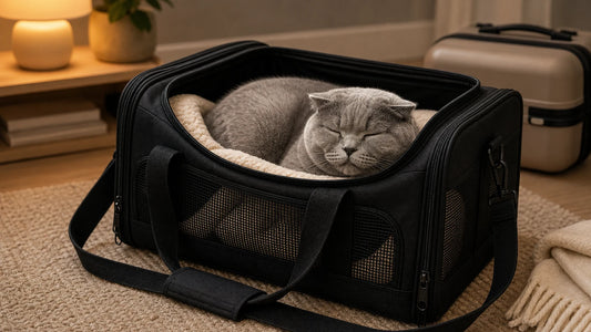 sac de transport pour chat avec chat gris rassure dans le sac - Sac de voyage pour chat