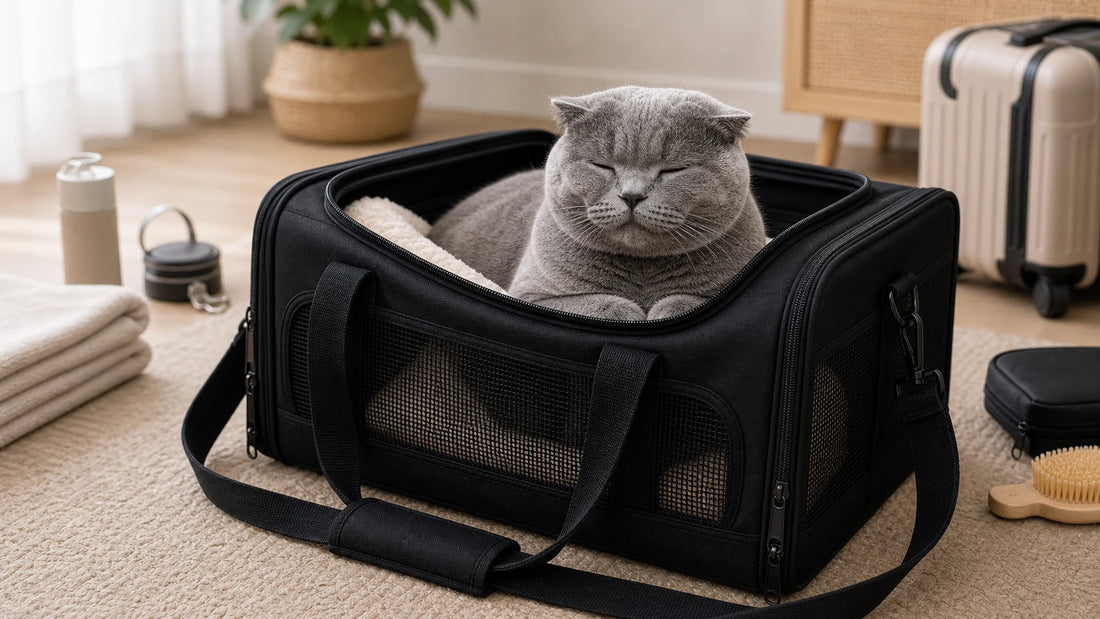 sac de transport pour chat avec chat gris rassure dans le sac - Sac de transport pour chat