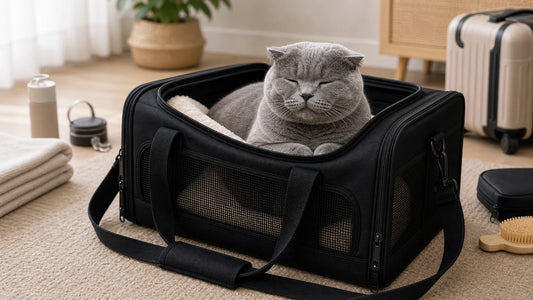 sac de transport pour chat avec chat gris rassure dans le sac - Sac de transport pour chat