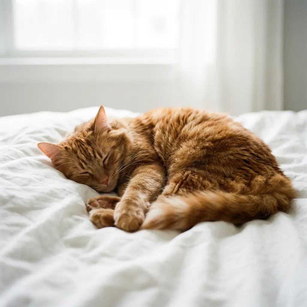 chat qui dort couché sur un lit blanc