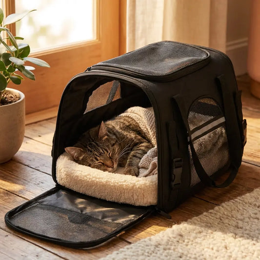 Sac de transport pour chat noir avec un chat dedans 