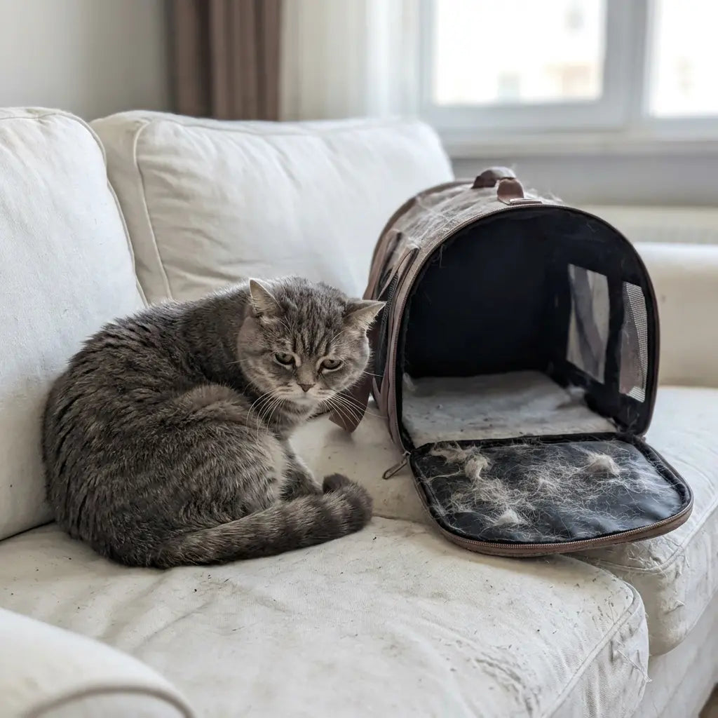 chat sur un canapé blanc, avec un sac de transport pour chat mal entrenu