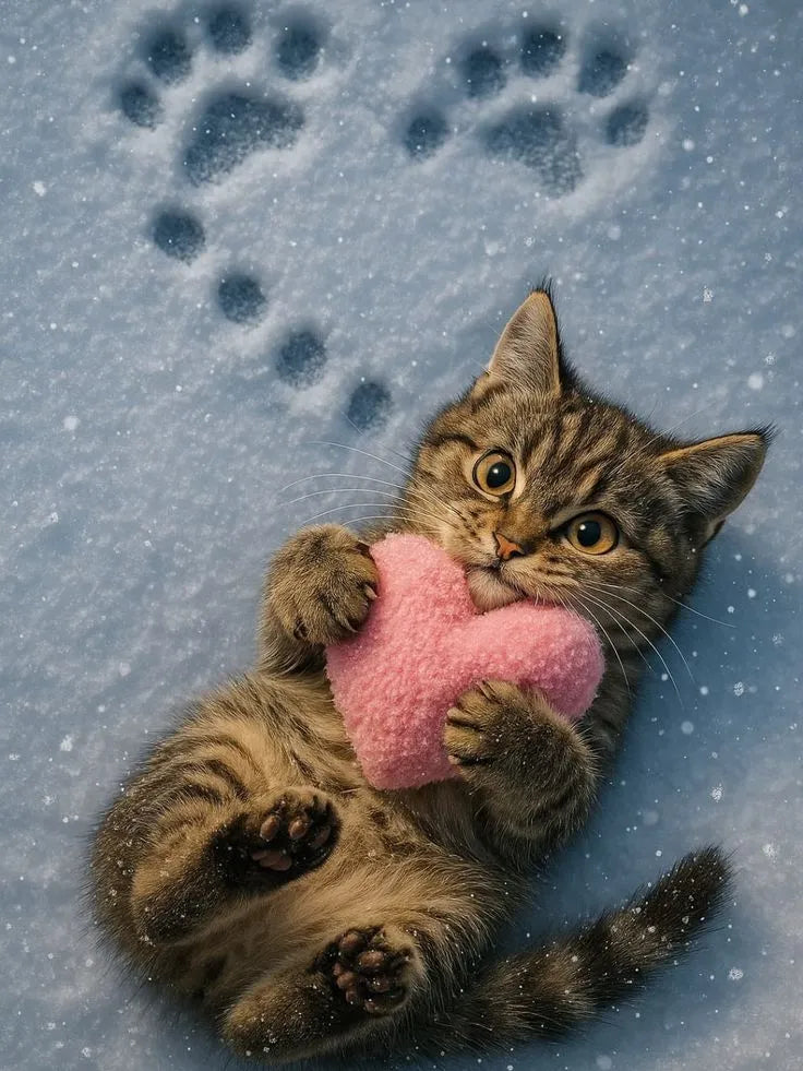 chat couché dans la neige avec un coeur