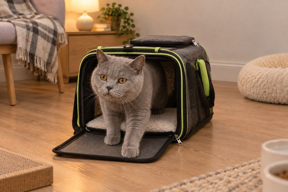 Chat British Shorthair gris aux yeux ambre qui sort d’un sac de transport gris anthracite à liserés vert anis, pattes avant sur la porte rabattue, dans une pièce d’accueil avec coussin rond et gamelles