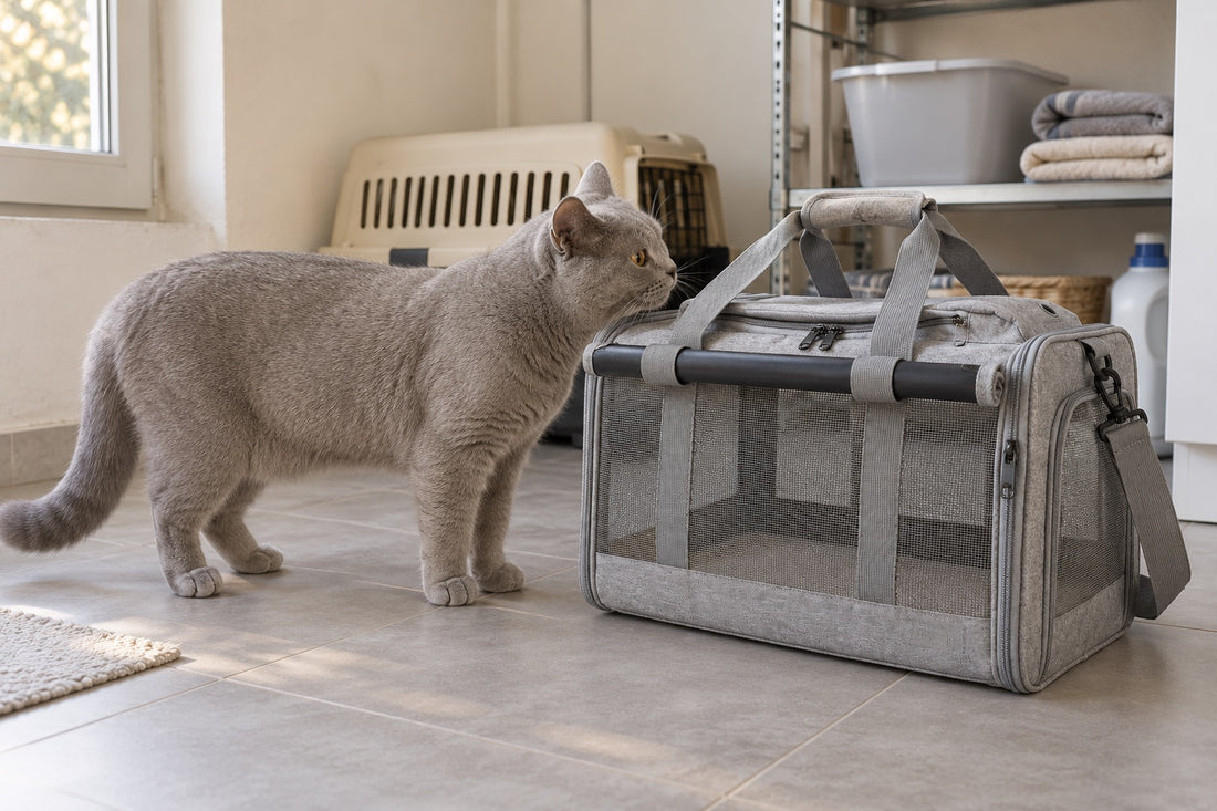 Chat British Shorthair gris aux yeux ambre debout de profil dans une buanderie, museau tendu vers la poignée d’un sac de transport pour chat en toile grise chinée posé au sol