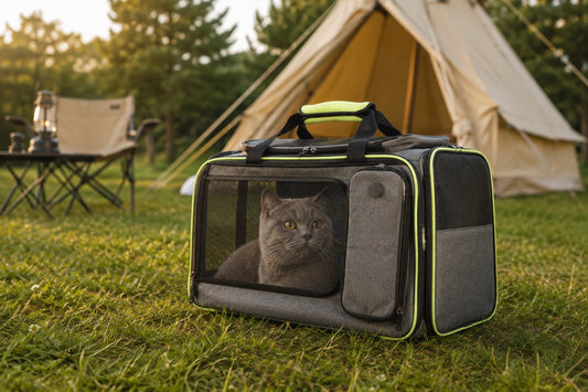 Chat gris British Shorthair assis dans un sac de transport pour chat vert et gris, posé dans l'herbe devant une tente de camping