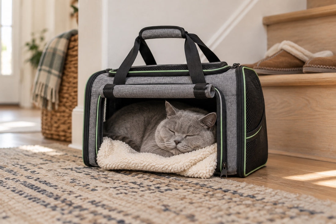 Chat gris endormi dans un sac de transport pour chat gris chiné à passepoils verts, porte ouverte, sur un tapis au pied d’un escalier