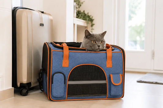 Chat gris installé dans un sac de transport avion bleu, à côté d'une valise cabine