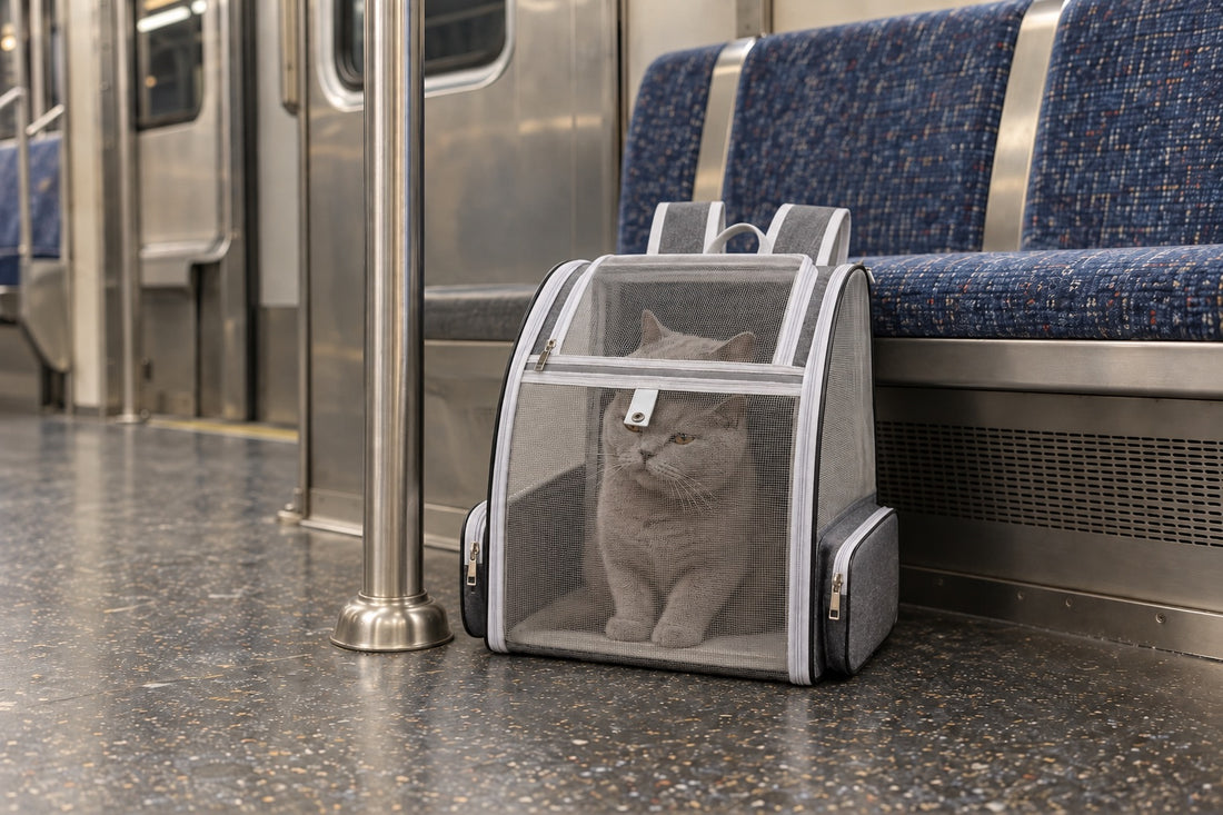 Sac à dos gris à façade en maille posé au sol d’une rame de métro vide, chat gris assis dedans, prêt pour un trajet en transports en commun