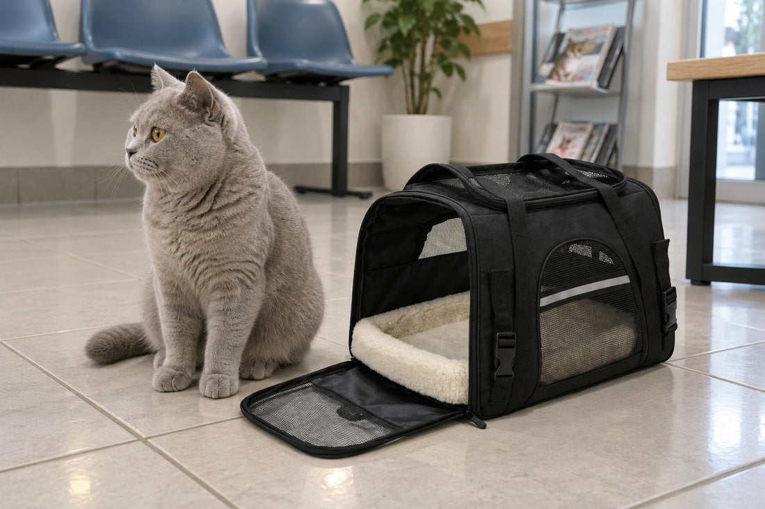 Chat British Shorthair gris aux yeux ambre assis de profil à côté d’un sac de transport pour chat noir, porte latérale en maille rabattue au sol et tapis de fond visible, dans une salle d’attente de vétérinaire