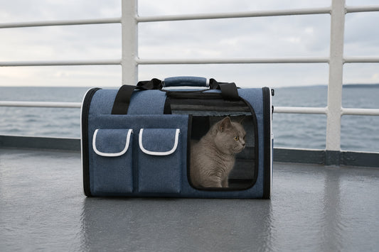 Chat British Shorthair gris assis dans un sac de transport pour chat bleu jean à liserés blancs, posé sur le pont extérieur d’un ferry face à la mer