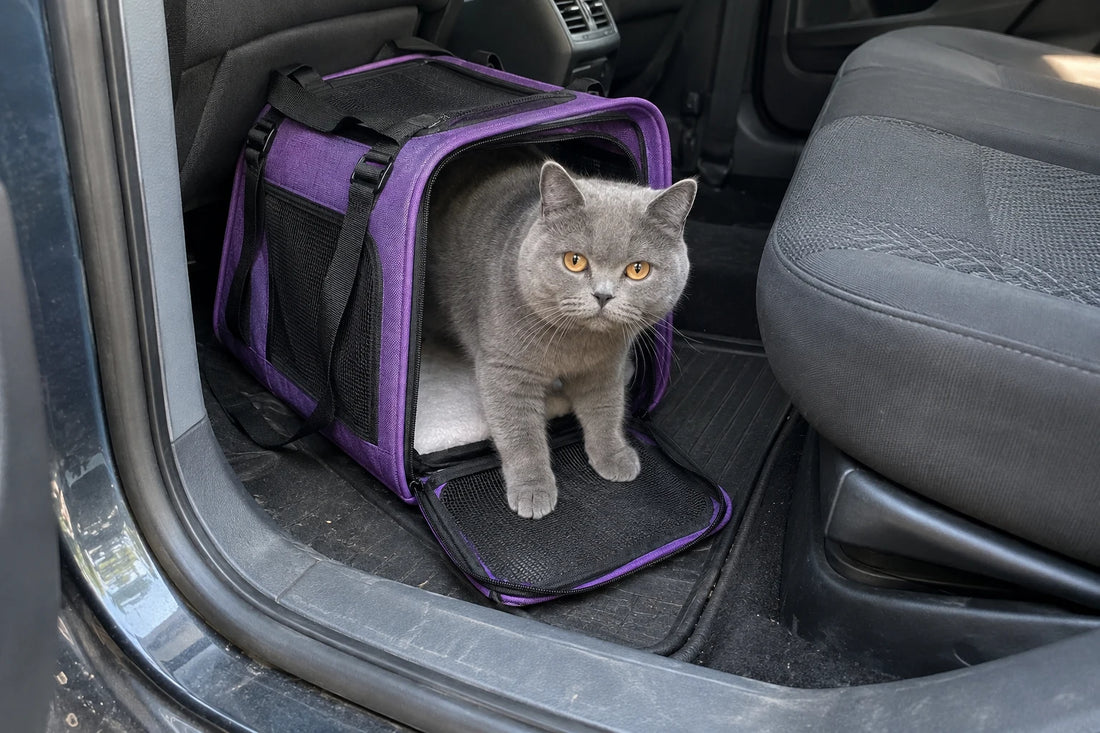 Chat British Shorthair gris aux yeux ambre sortant d’un sac de transport pour chat en toile violette, porte frontale rabattue sur le tapis de sol, portière arrière d’une voiture ouverte