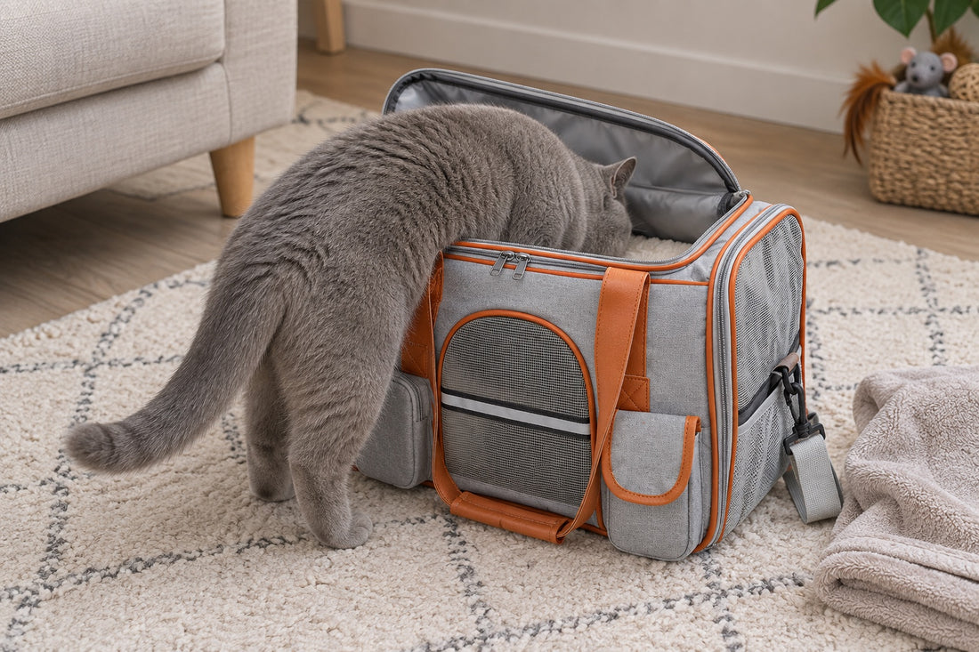 Chat British Shorthair gris aux yeux ambre en train d’entrer par l’ouverture du dessus d’un sac de transport pour chat gris à liserés orange, posé sur le tapis d’un salon avec une serviette pliée à côté