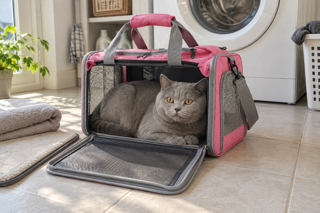 Chat British Shorthair gris aux yeux ambre couché dans un sac de transport pour chat rose à liserés gris, porte frontale en maille rabattue au sol, tapis de fond et serviette posés à côté dans une buanderie