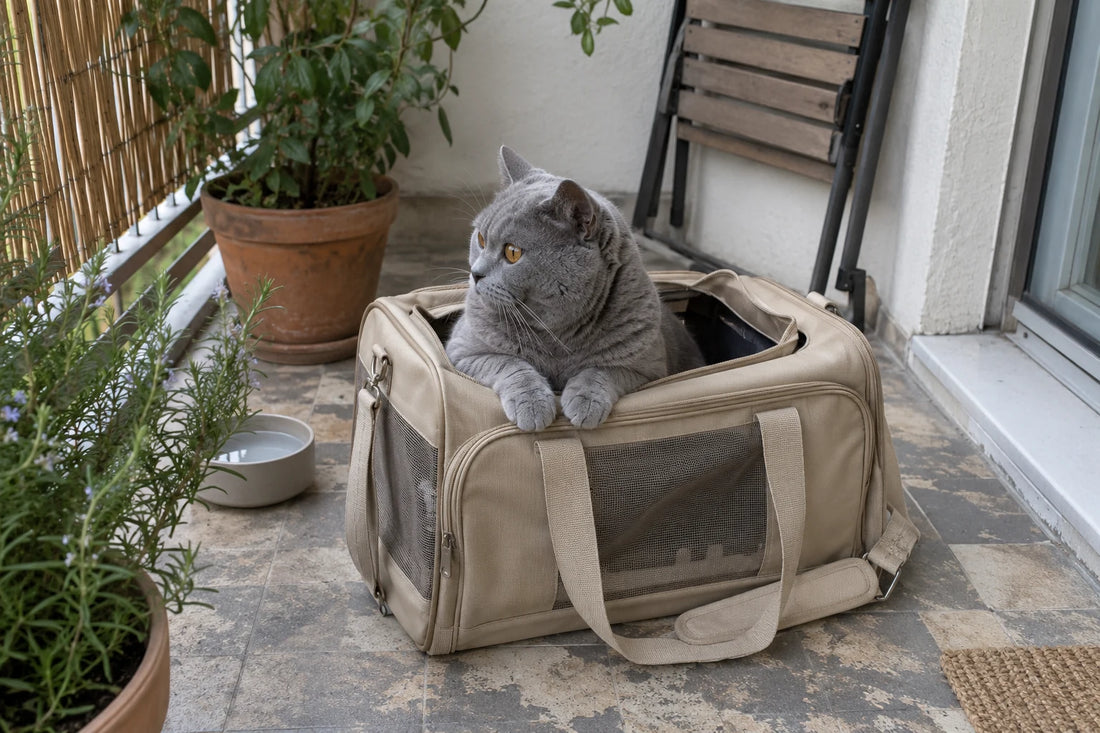 Chat British Shorthair gris aux yeux ambre assis dans un sac de transport pour chat beige à panneaux de maille, ouvert par le dessus, posé à l’ombre sur le carrelage d’un balcon avec plantes en pot et gamelle d’eau