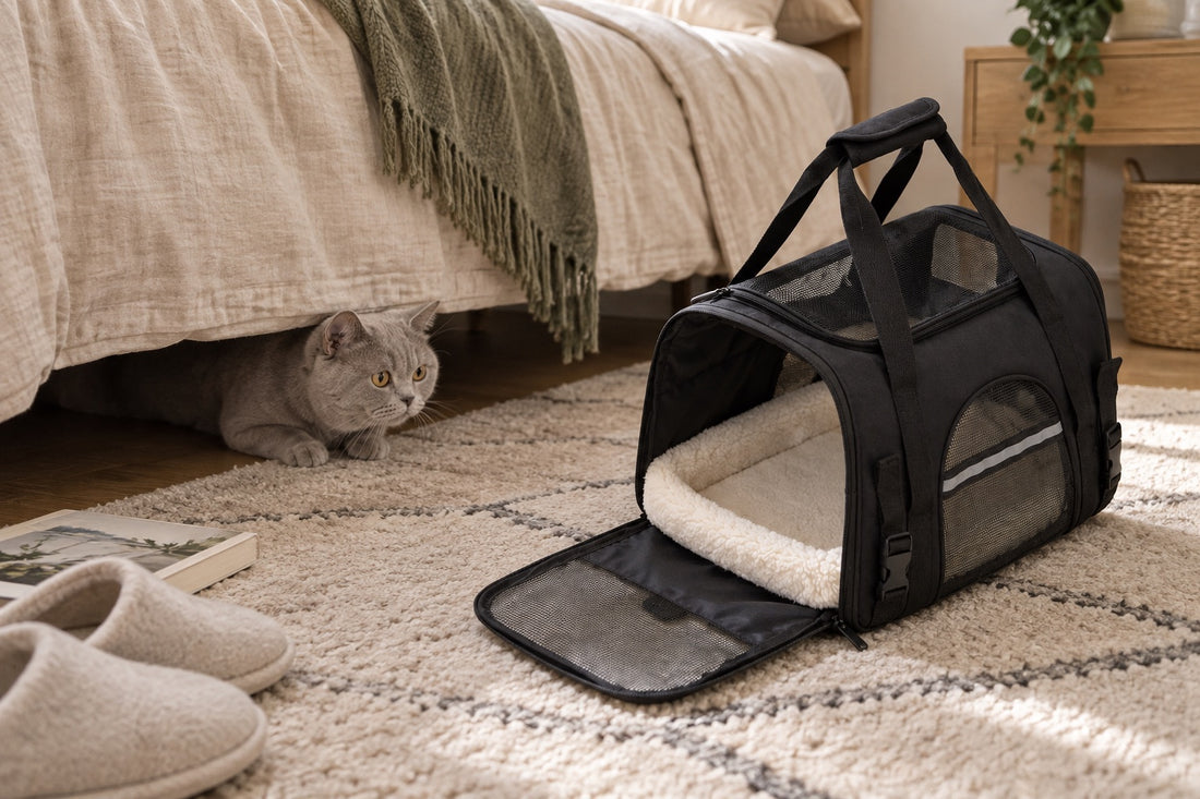 Chat British Shorthair gris aux yeux ambre tapi sous le volant d'un lit, tete et pattes avant sorties de l'ombre, face a un sac de transport pour chat noir pose ouvert sur le tapis d'une chambre, porte frontale rabattue et ouverture du dessus dezippee