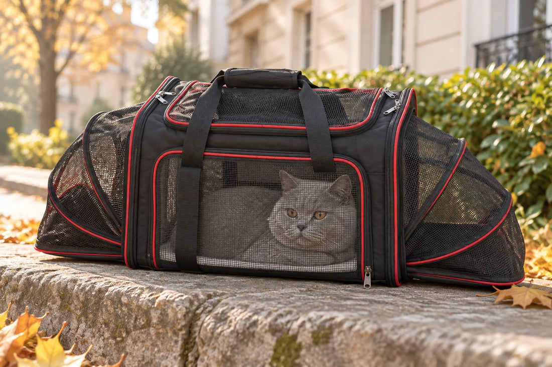 Chat British Shorthair gris aux yeux ambre couché dans un sac de transport pour chat noir à passepoils rouges, extensions latérales en maille dépliées, posé sur un muret de pierre au petit matin d'automne