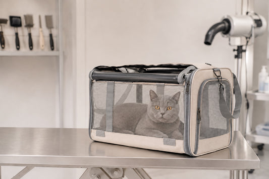 Chat British Shorthair gris couché dans un sac de transport pour chat beige à parois en maille, posé sur une table de toilettage en inox dans un salon