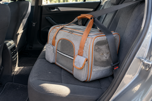 Sac de transport pour chat gris a passepoils camel pose sur la banquette arriere d une voiture, ceinture de securite passee dans les poignees, chat British Shorthair gris couche a l interieur derriere la maille