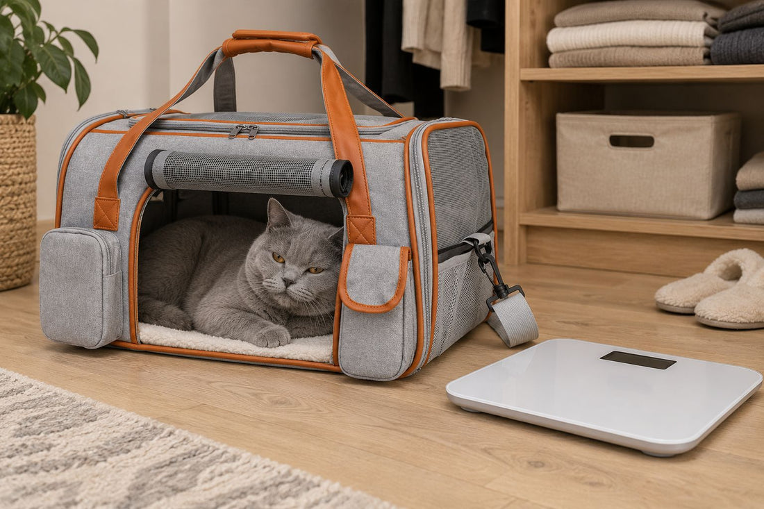 Sac de transport gris chiné à poignées orangées sur le parquet d’un dressing, chat gris couché dedans et pèse-personne blanc posé à côté pour peser son chat