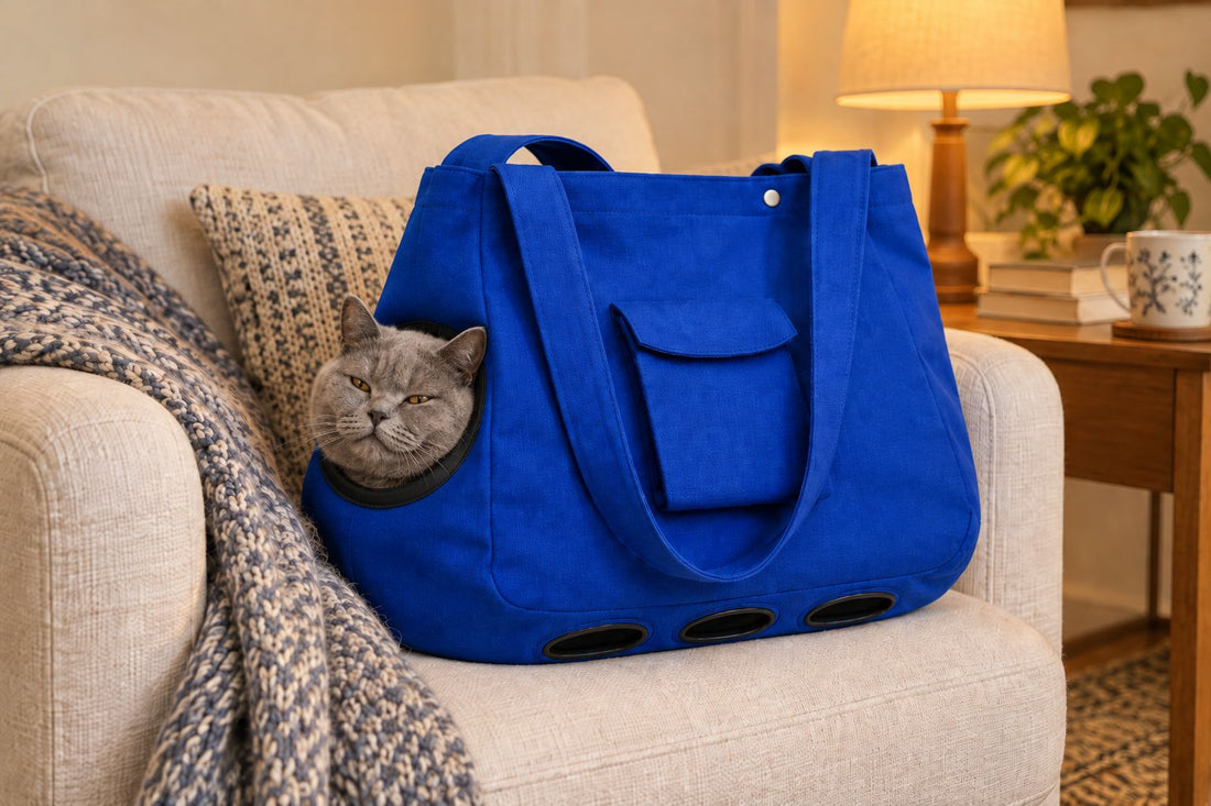 Sac bandoulière bleu posé sur un fauteuil de lecture, chat gris aux yeux mi-clos dont seule la tête sort par l’ouverture ronde, pour porter un chat contre soi
