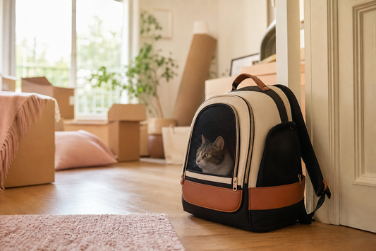 Sac de transport pour chat dans un appartement en cours de demenagement