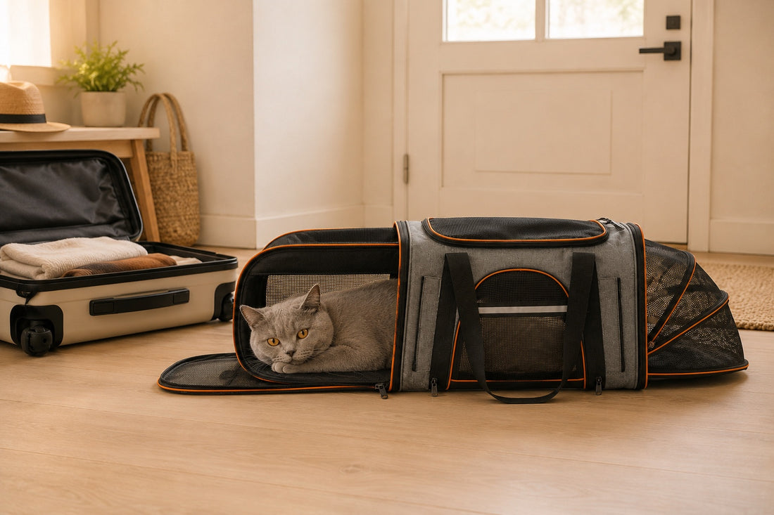 Chat gris British Shorthair couché dans un sac de transport extensible gris et orange, posé au sol près d'une valise ouverte